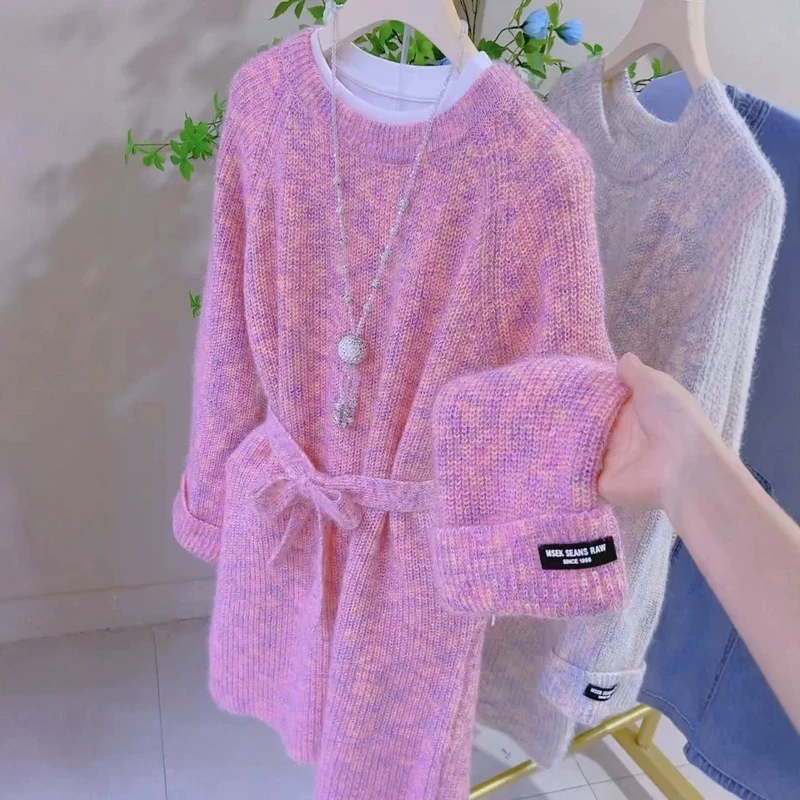 

Women's Casual Knitted Knee-Length Sweater Long Sleeve Winter Dress Chic Pullover over Size Loose Fat Female Y2K Top