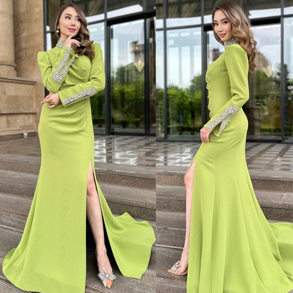 

Индивидуальные длинные платья трапециевидной формы с блестками и рюшами и высоким воротником, платья для выпускного вечера, повседневные простые ретро-модные элегантные изысканные блестящие платья