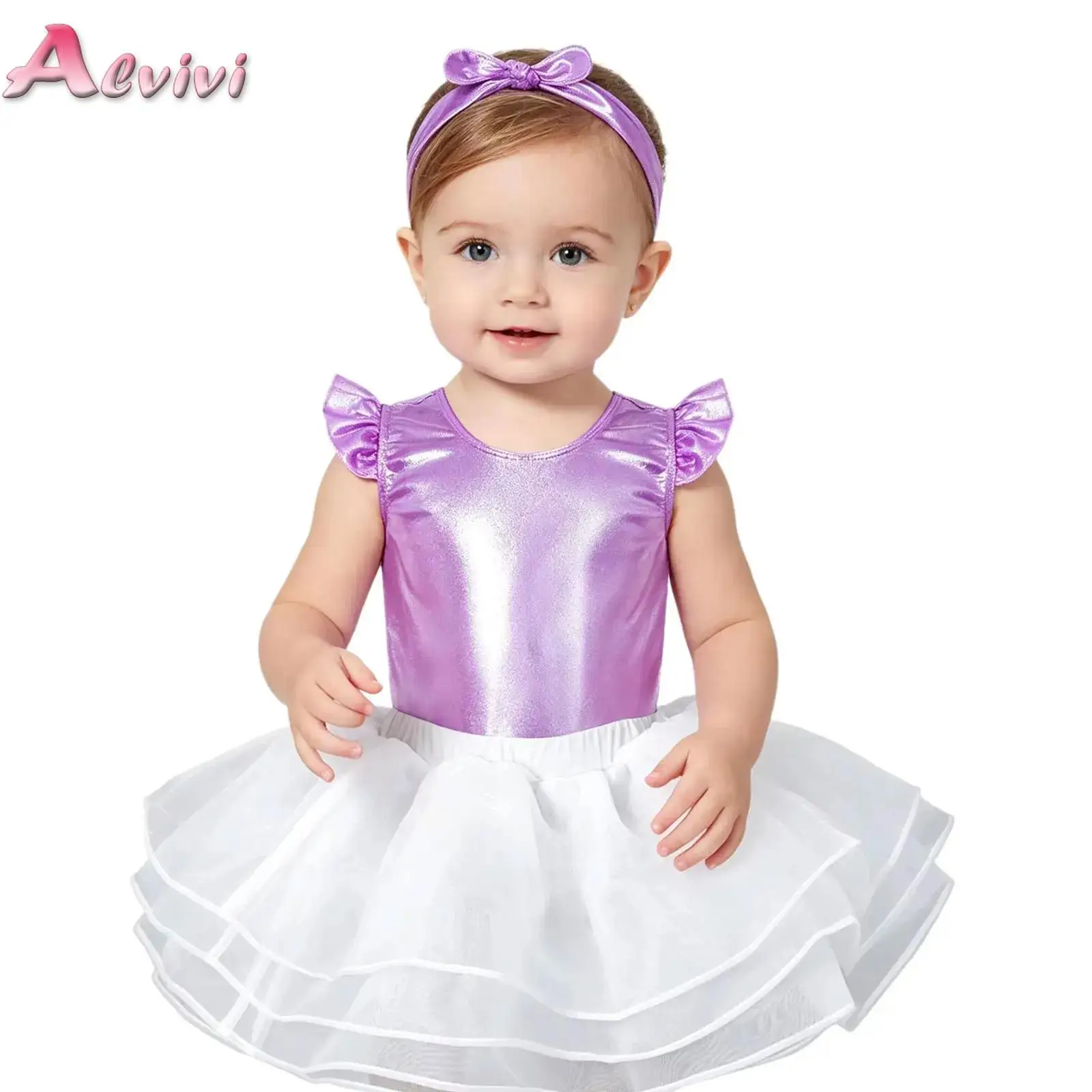 

Baby Girls 3 Pieces Metallic Glossy Swimsuit Ruffle One Piece Bathing Suit Leotard with Tutu Skirt Headgear Beach Pool Swimwear