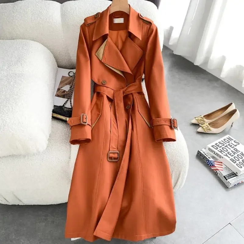 Women Trench Coat Solid Loose Contrast Double Collar Double Breasted Long Women's Windbreaker Office Lady Spring Autumn