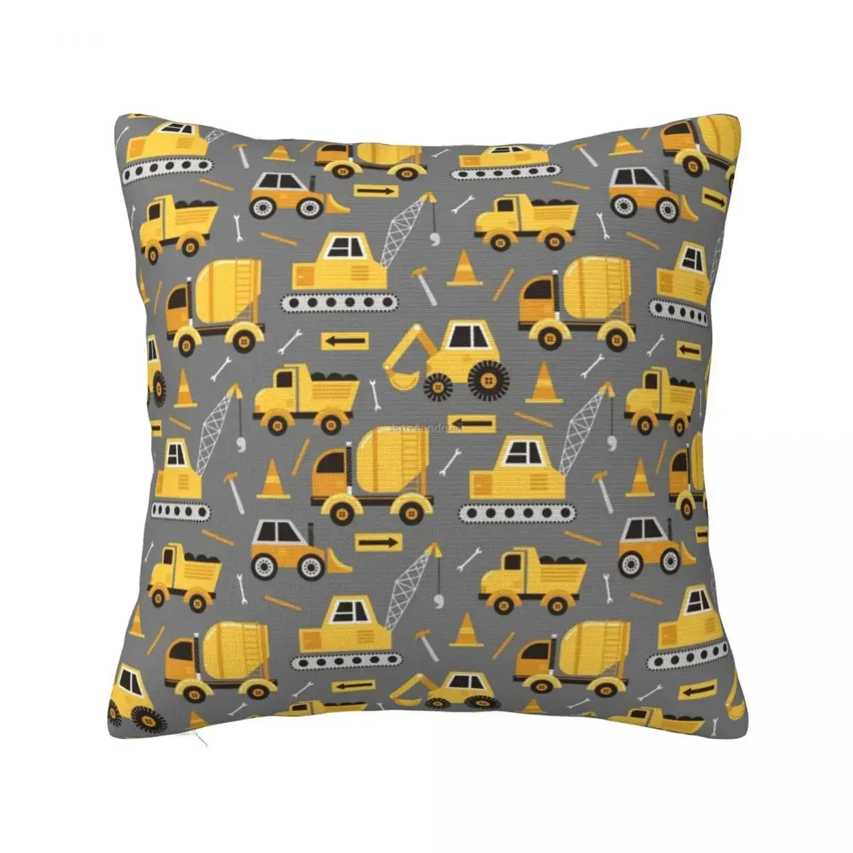 Construction Trucks on Gray Pillowcase Printing Polyester Cushion Cover Gift Cartoon Excavator Anime Throw Pillow Case 45cm 18In