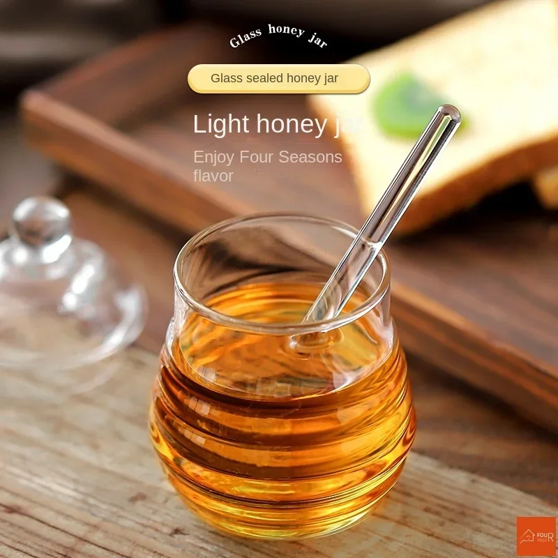 Glass Honey Jar Glass Honeycomb Tank Kitchen Tools Honey Storage Container with Dipper and Lid Honey Bottle for Party Kitchen