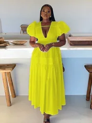 Women White Summer Dress High Waist Fitting  Dresses with Puff Sleeves Chic Pleated Slim Long Dress New Wholesale Dropshipping