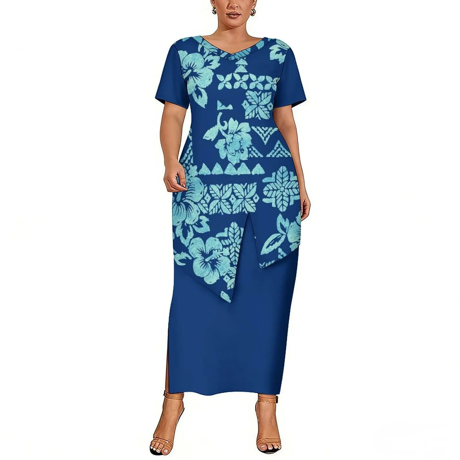 Polynesian New Custom-Patterned Women'S Clothing Summer Wholesale Short-Sleeved Fitted V-Neck Tail Hemming Set Skirt