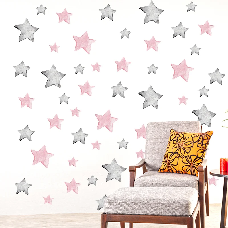 56 Hand Painted Pink Grey Stars DIY Wall Stickers Removable PVC Decals for Kids Room Girls Bedroom Nursery Decor Decoration Art