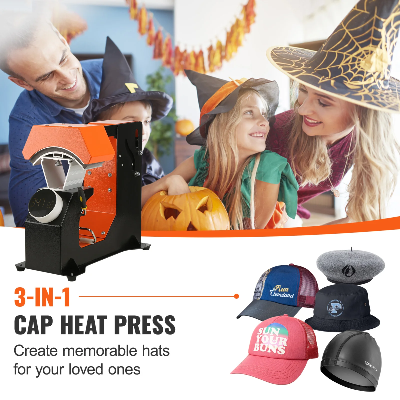 SucceBuy 3-in-1 Auto Hat Cap Heat Press Machine 6.4x3.5in Press Knob Clamshell Sublimation Transfer 3pcs Replaceable Heating Pad