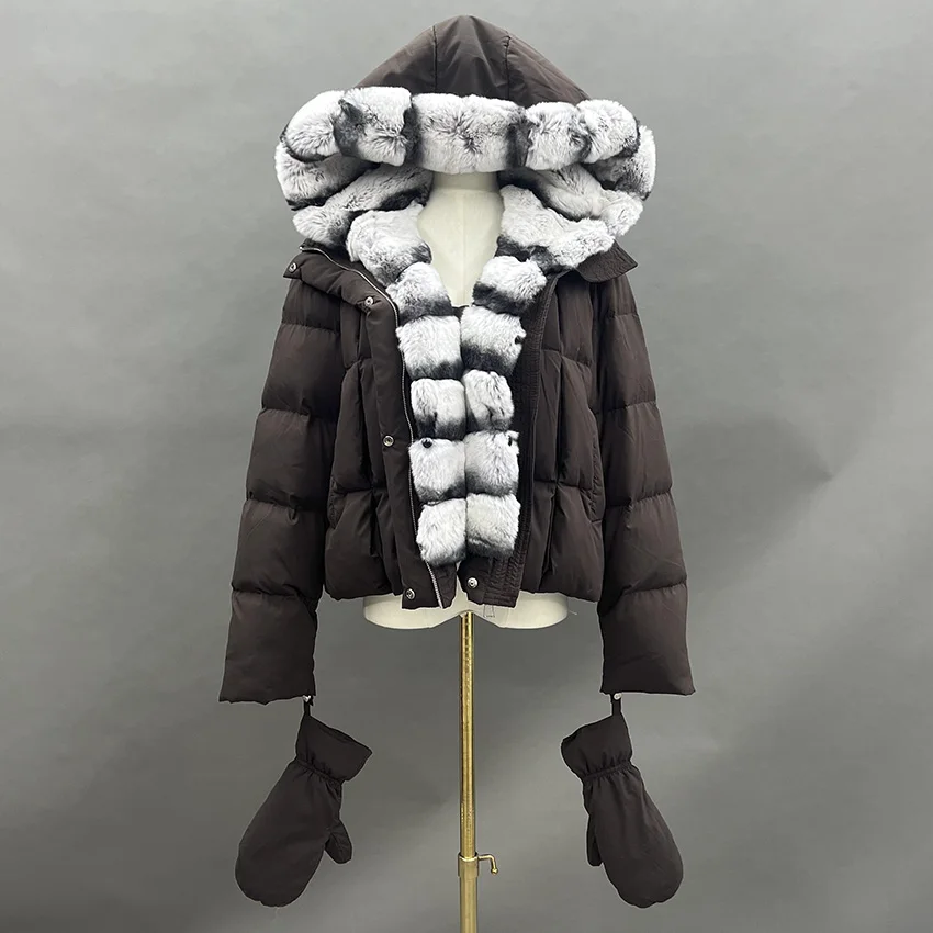 JANEFUR 冬ホワイトグースダウンジャケット大レックスウサギの毛皮フード付きパファージャケット女性厚く暖かいニットスリーブ JFB8-25009