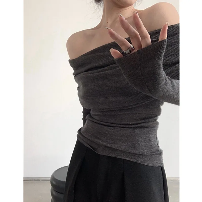 Women Off Shoulder Slash Neck Sweater Long Sleeve Knitwear Solid Thin Pullovers Office Lady Elegant Tops Women 2024 Fall Winter