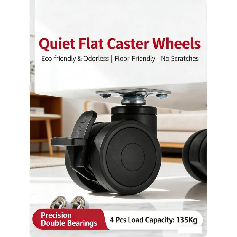 4 Pcs 2 Inch Rubber Swivel Casters Silent Rolling Wheels With Brake Double Bearing Heavy Duty For Furniture