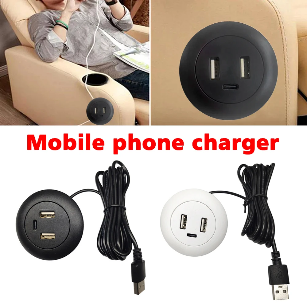 Desktop Hole Embedded 5V2A USB To 2USB + C-Type Dual Socket Hidden Charging Furniture Office Invisible Mobile Phone Fast Chargin