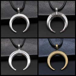 Crescent Moon Pendant Necklace OX Double Horn Necklaces for Women Vintage Jewelry Black Leather Chain Necklace