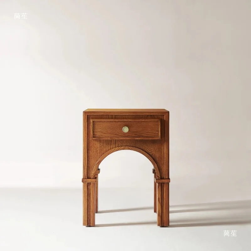 

French retro solid wood bedside table arched side table bedroom storage drawer cabinet