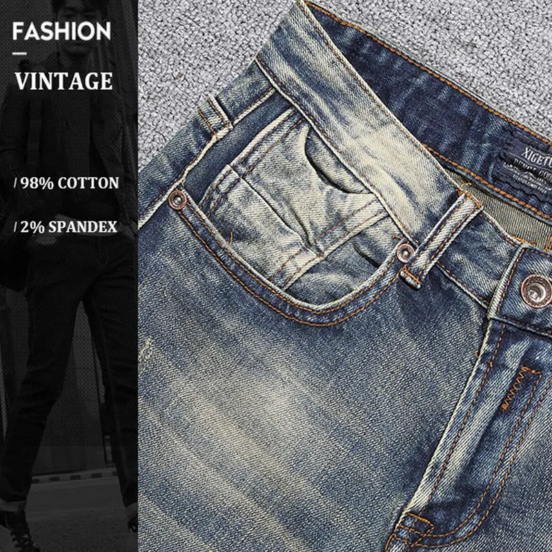 Italian Style Fashion Men Jeans Retro Washed Stretch Slim Fit Ripped Jeans Men Vintage Trousers Designer Denim Pants Hombre