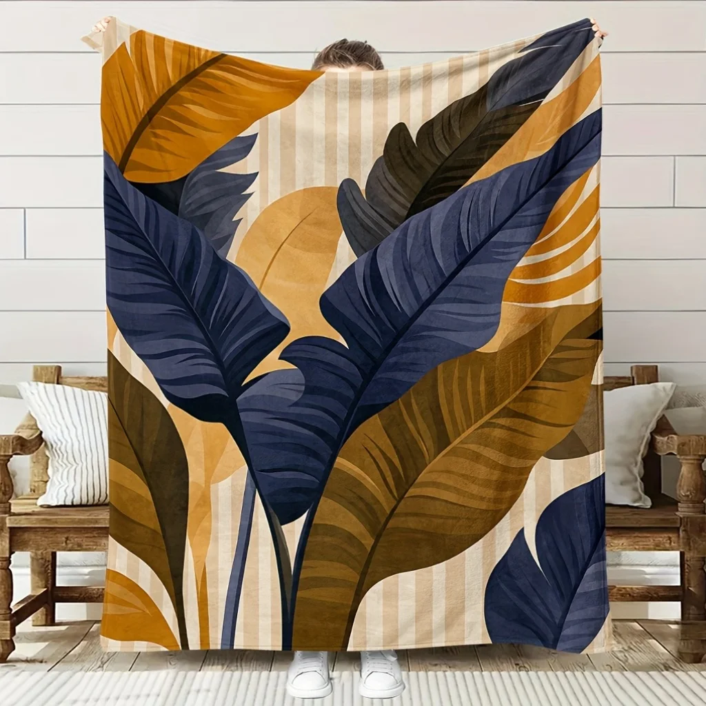 Tropical Leaves Pattern Flannel Blanket | Soft High-Definition Digital Print, Multi-color Brown Blue Design, Cooling, All-Season