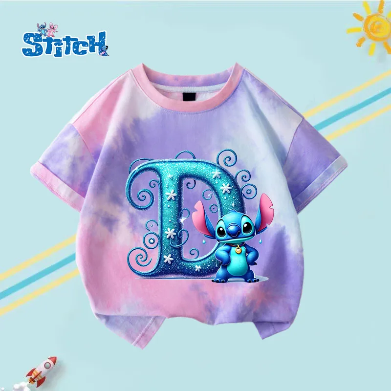 

New Disney Stitch Children T-shirt Summer Clothes Cartoon Anime Figures Short Sleeve Kawaii Fashion Tie Dye Tee Kid Clothing Top