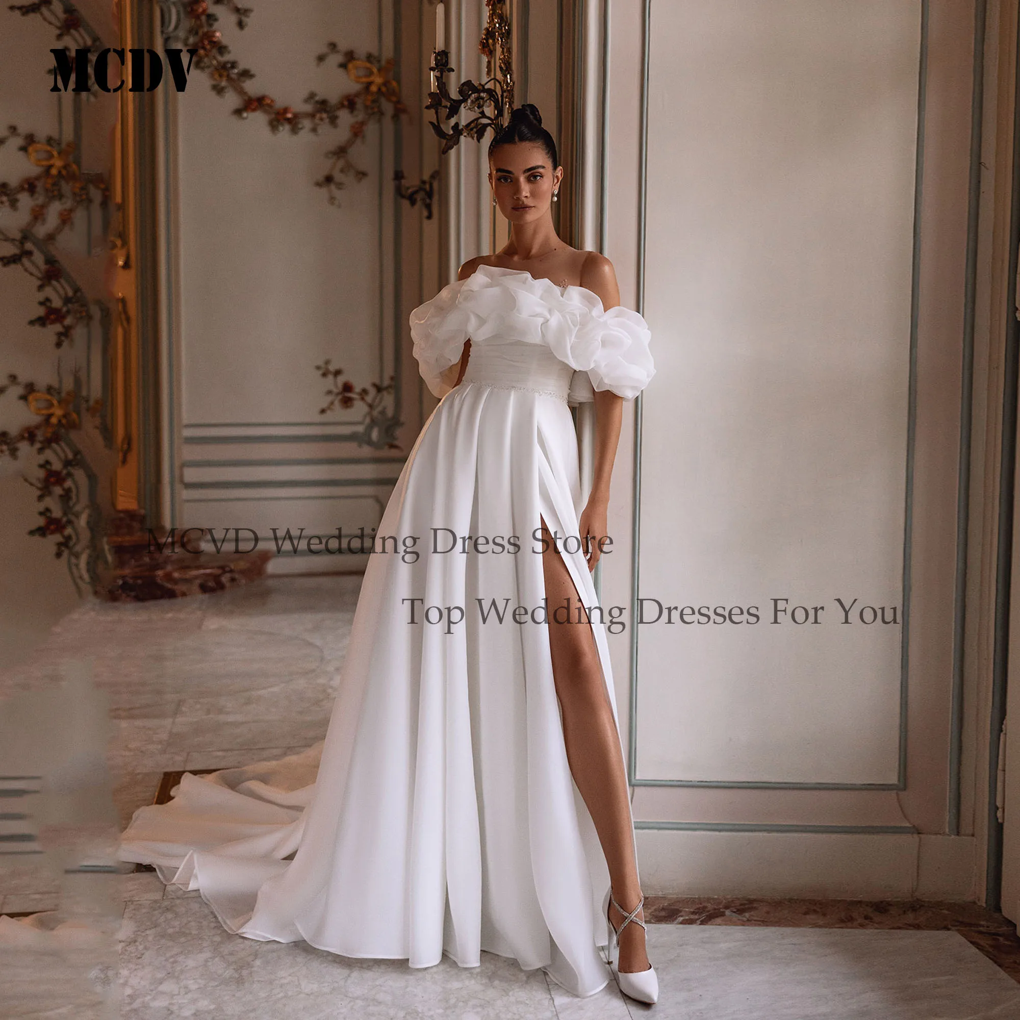 

MCDV Organza Beading O-Neck Wedding Dresses Side Split Off Shoulder Ivory Bride Gowns Customized Luxury vestidos de novia 2025