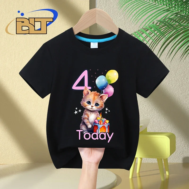 4-jarig Meisje Verjaardag T-Shirt Schattig Kattenprint Kids Zomer Katoenen Nieuwigheid Met Korte Mouwen