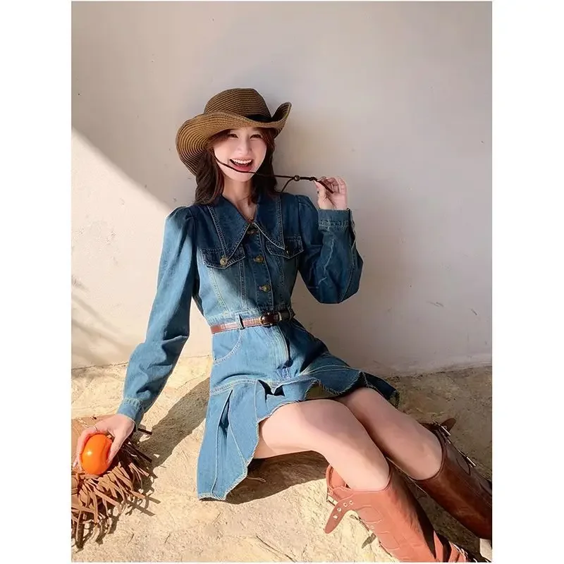 Estilo com cintura cinching comprimento médio vestido evasê azul saia jeans feminino novo retrô doce e picante