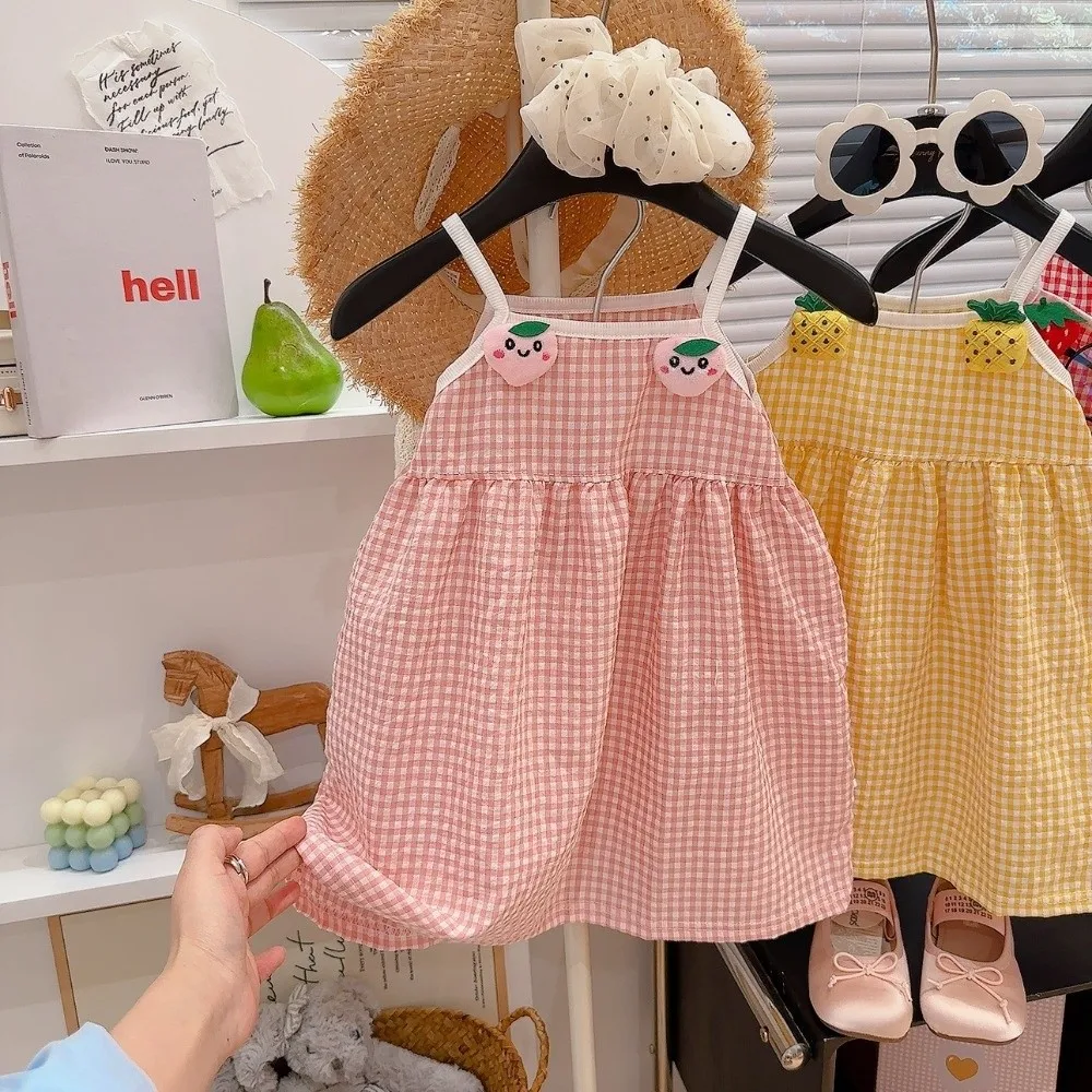Gingham Pattern Girls Summer Dress Spaghetti Straps Soft and Breathable Strap Dress Fruit Applique Gathered Skirt