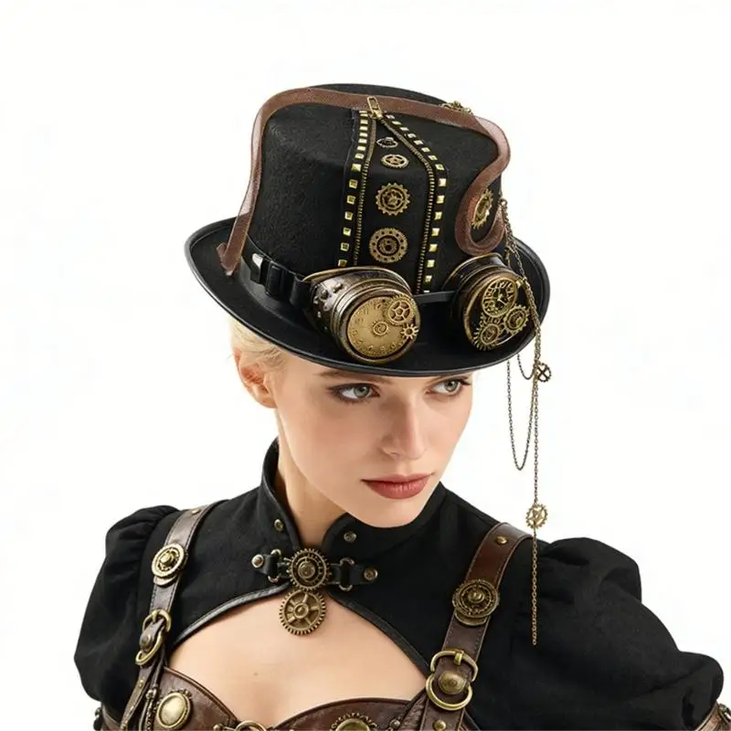 Gothic Metal Chain Gear Hat Hat Design Zipper Headwear for Coser For Cosplay Event Photo Props 6XDA