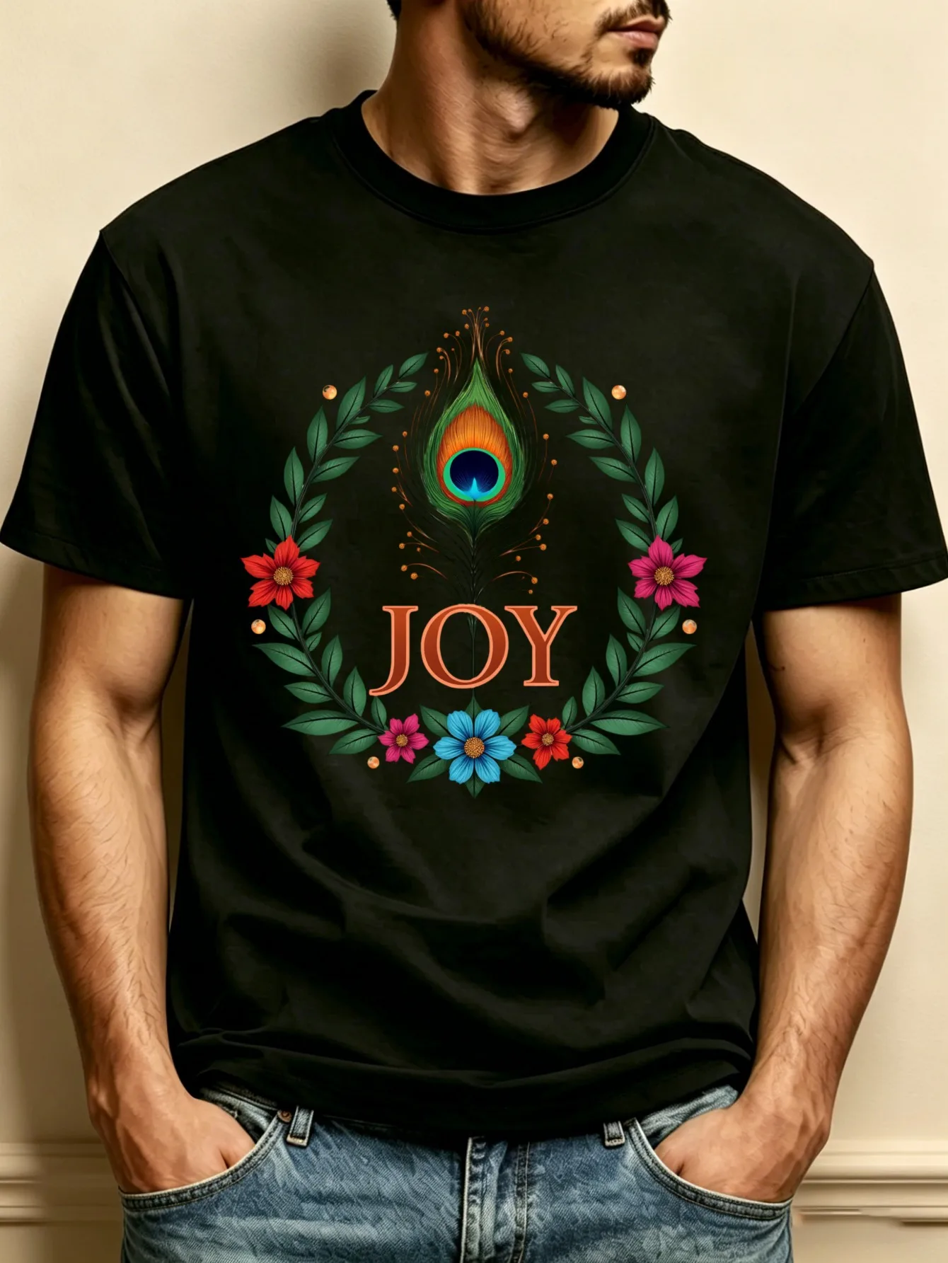 Men's Round-Neck T-Shirt with a Design of Peacock Feathers and Vibrant Flowers, Loose Fit, Pure and Stylish, Versatile, Soft and Comfortable Fabric, Suitable for Daily Wear and Holiday Gifts. the Cheerful Theme Features Bright Flowers and Peacock Feathers, Perfect for Spring and Summer Seasons. Ideal Gift for Friends, Family, and Loved Ones, Suitable for Christmas, Thanksgiving, and Other Festive Occasions