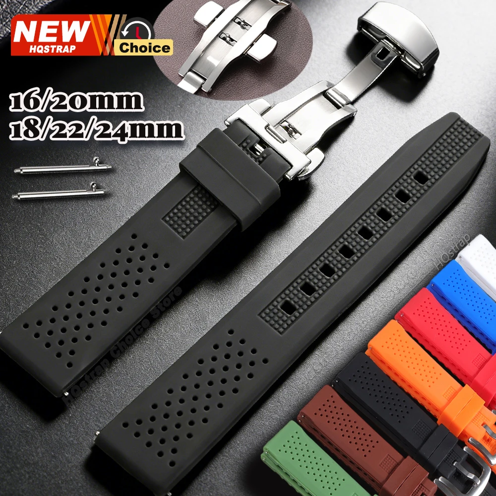 Butterfly Buckle Waterproof Silicone Strap for Seiko Sports Rubber Bracelet for Omega Porous Breathable Wristband Quick Release
