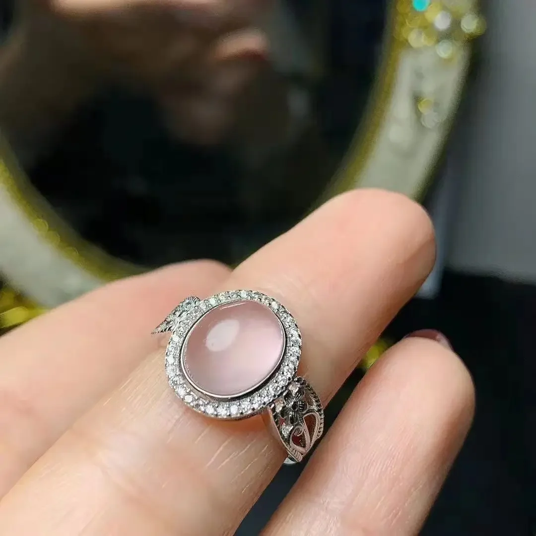 Vintage Silver Rose Quartz Ring for Party 8mm*10mm Natural Rose Quartz Silver Ring Solid 925 Silver Rose Quartz Jewelry