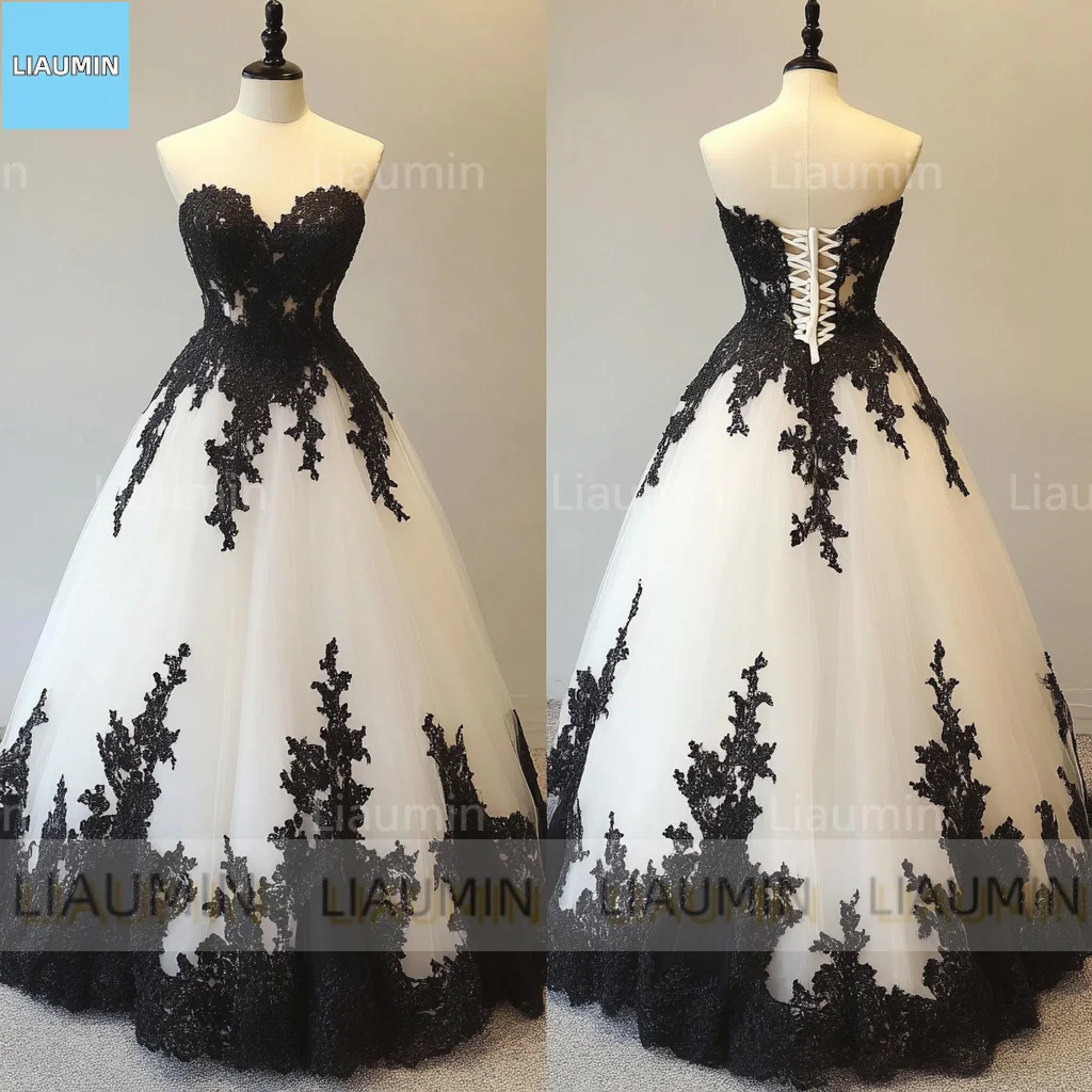 White or Ivory Tulle With Black Lace Applique Prom Formal Wedding Dresses Evening Bridesmaid Party Clothing Customized C-10.2