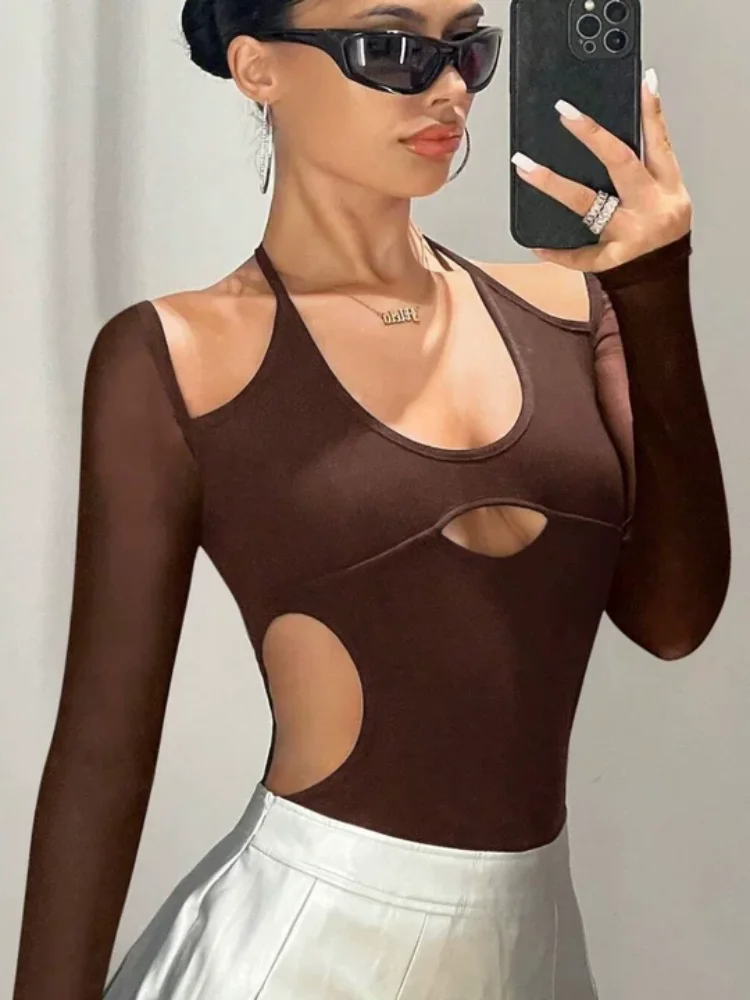 บอดี้สูทแขนยาวเปิดไหล่เว้าคอสูงแฟชั่นสาวเซ็กซี่สไตล์ยุโรปและอเมริกา