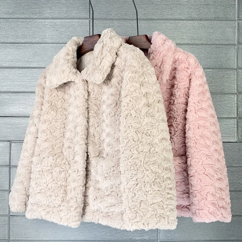 

Eco-friendly Fur Imitation Fur Embossed Solid Color Brush Fur Lapel Imitation Rabbit Fur Short Long Sleeve Fur Jacket Women's