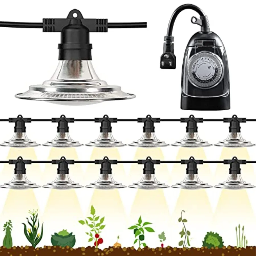 

12-Light LED Grow Lights Plant Growing Lamps with Timer Outdoor Waterproof String Grow Lights for Greenhouse Full Spectrum Grow