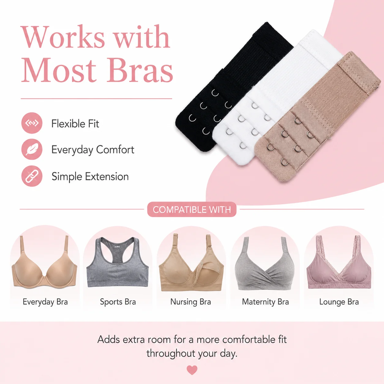 2 Hook 3 Row Soft Elastic Bra Extender Strap Three Neutral Colors Black White Nude Skin Friendly Underwear Back Extension Band Comfort Lingerie Accessory For Maternity Nursing Daily Bra