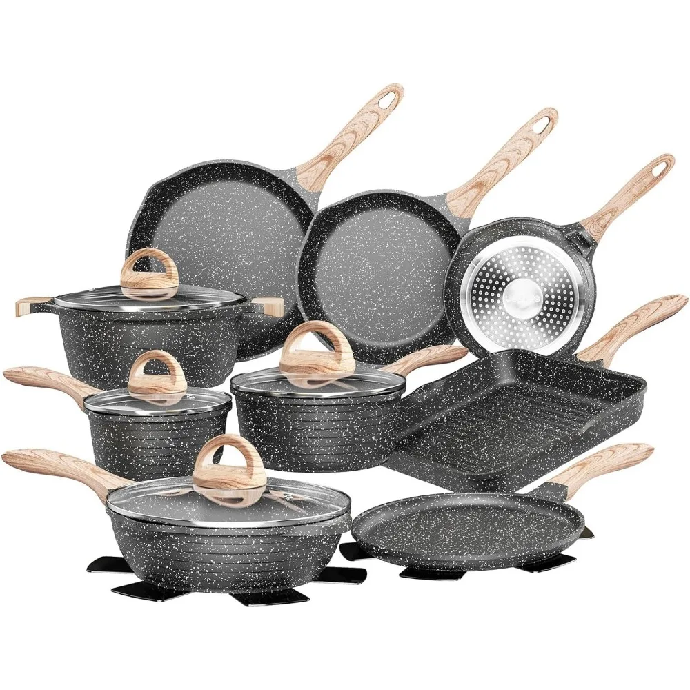 

Pots and Pans Set Nonstick 23pcs, Healthy Kitchen Cookware Sets, Induction Cooking Set W/Gray Granite Stone Frying Pans