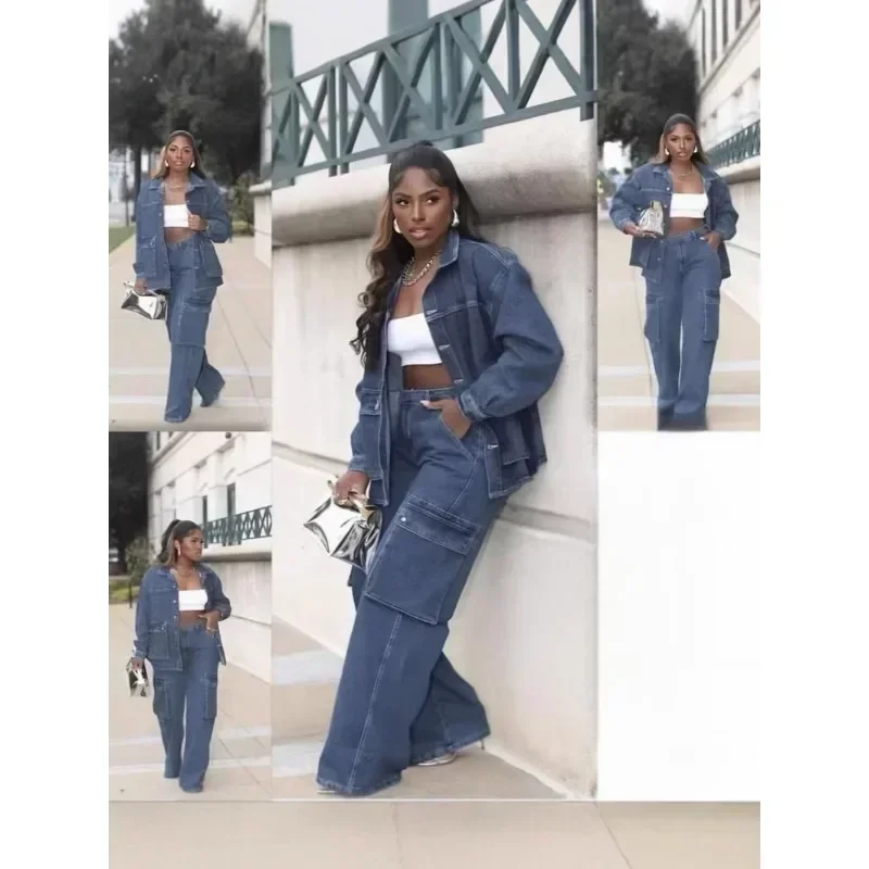 Casual Jeans Two Piece Set Women Denim Pant Suits Bodycon Tracksuit Turn Down Collar Long Sleeve Top Sets Vestidos 2025 Autumn