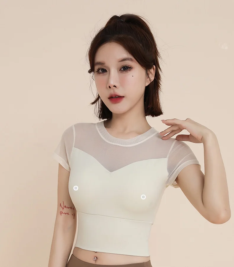 

Весна-лето, женская футболка из двух предметов для йоги, сетчатая лоскутная футболка с короткими рукавами и нагрудником, эластичная дышащая футболка для тренировок в тренажерном зале