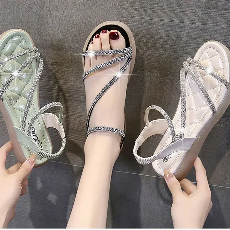 Roman Style Summer 2024 Sandals For Woman Women\'s Shoes Rhinestones Footwear With Comfortable Offer Sale Shoe Asian Size Trend