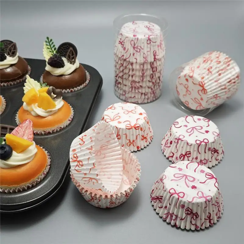100 Pcs Bow Cupcake Liners Coquette Bow Pattern Wrappers Baking Cups For Baby Shower Wedding Bridal Showers Birthday Party Decor
