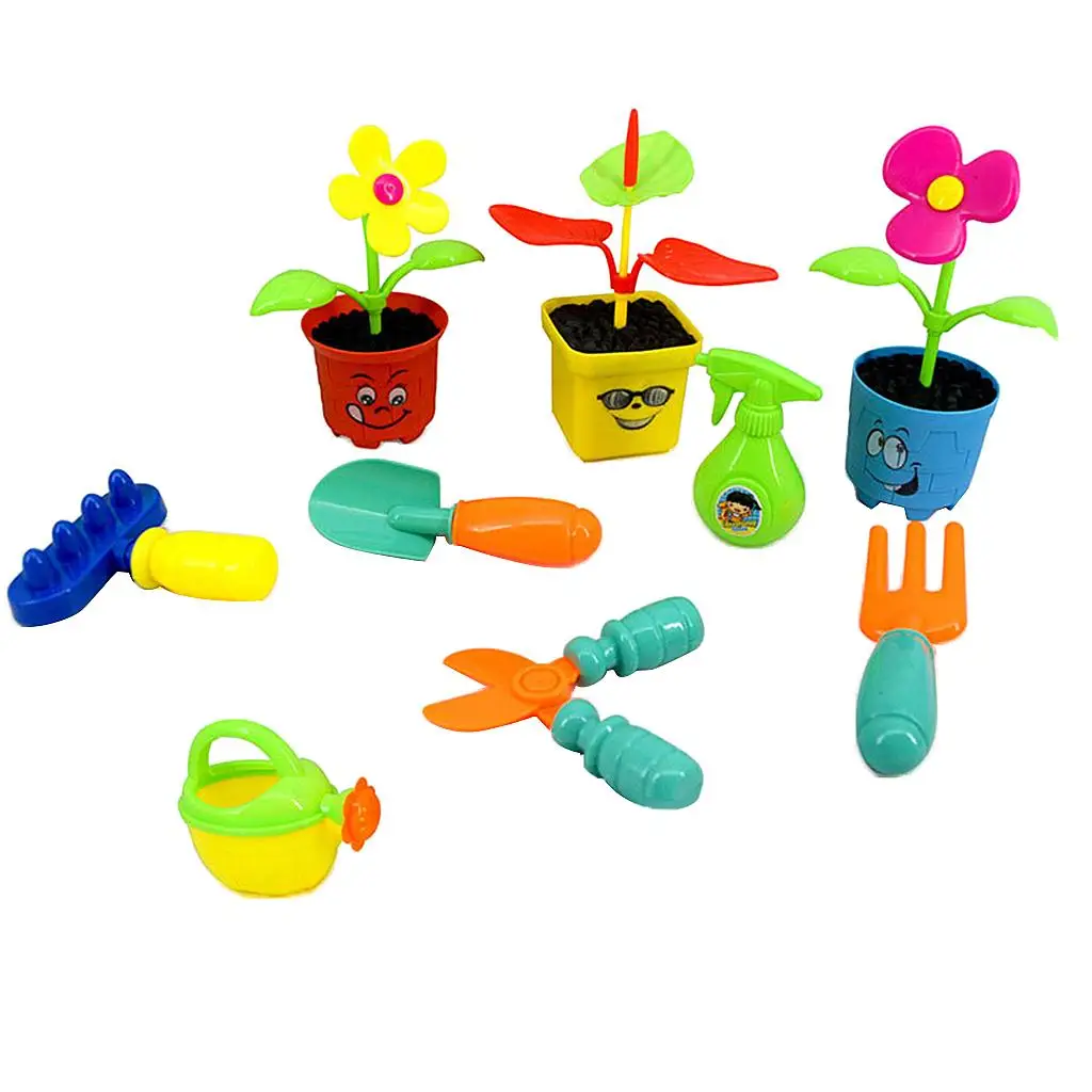 Set peralatan berkebun anak-anak, alat berkebun dan pot, 9 buah/Set