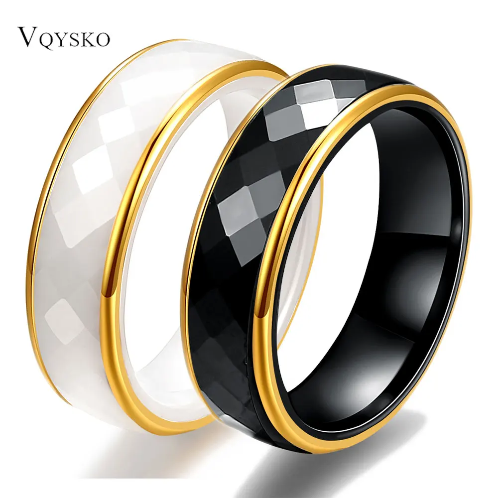 6mm Gold Ceramic Faceted Ring for  Women Fashion Cut Minimalist Couple Rings Bands Comfort Fit Engagement Wedding Bands Jewelry