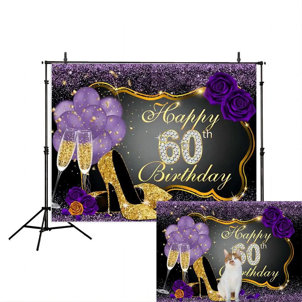 Happy 60th Birthday Backdrop Shining Purple Gold Background Party Decorations Rose Balloons Heels Champagne Glass Party Banner