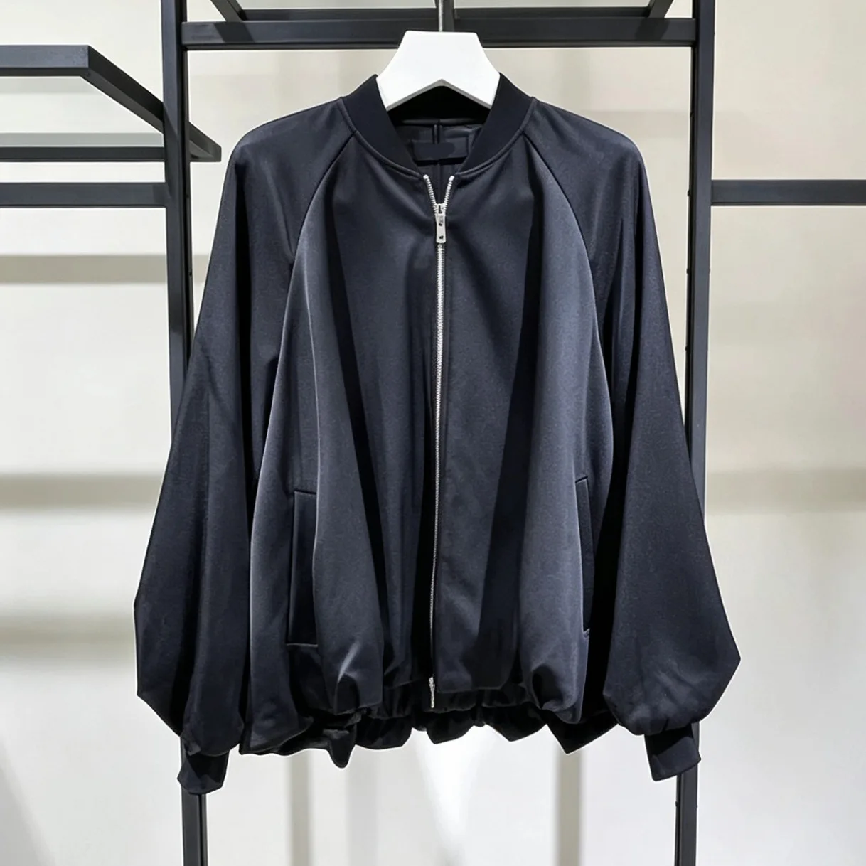 SuperAen Loose Oversize Drawstring Long-sleeved Stand-up Collar Black Baseball Jacket Casual Coat Women's Autumn New Coats