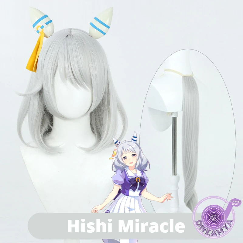 Hishi-Perruque Cosplay Miracle Uma, Cheveux Synthétiques, Porcelaine Musazole, Derby Gris, Court Degré de Chaleur, ixd'Halloween, Py Play + Bonnet de Perruque