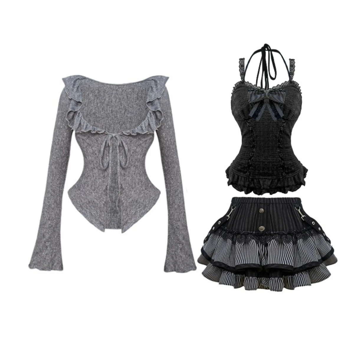 

Womens Outfit Y2K Gothic Ruffle Trim Long Sleeve Crop Top Lace Camisole Striped Layered Mini Skirt Set Dark Academia Aesthetic