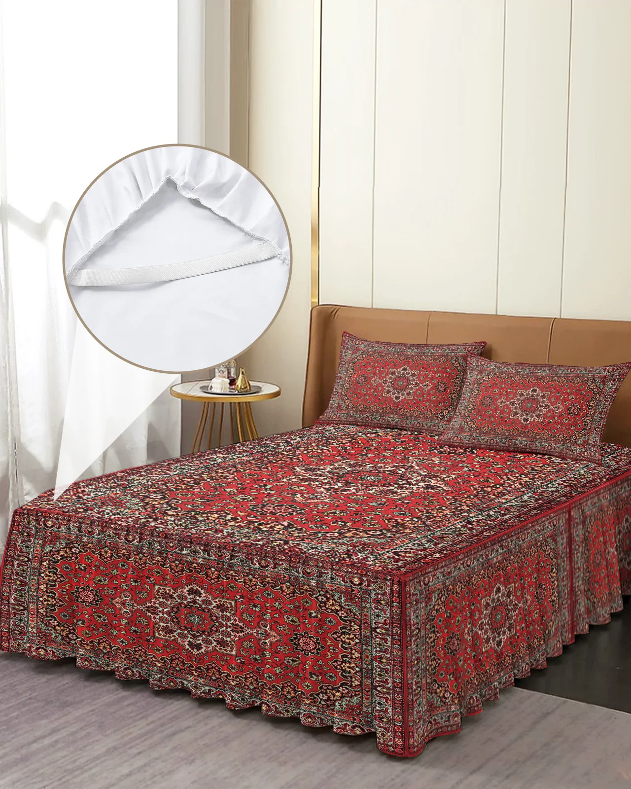 

Vintage Flower Indian Bohemia Bed Skirt Elastic Fitted Bedspread With Pillowcases Mattress Cover Bedding Set Bed Sheet