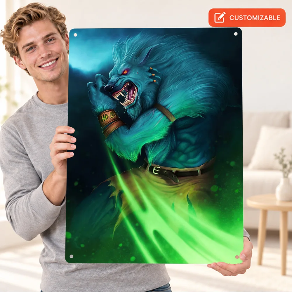 Feral Werewolf With Green Energy Textured Metal Poster Customized Aluminum Sign Snarling Wolf Glow Graphic Wall Art For Bedroom