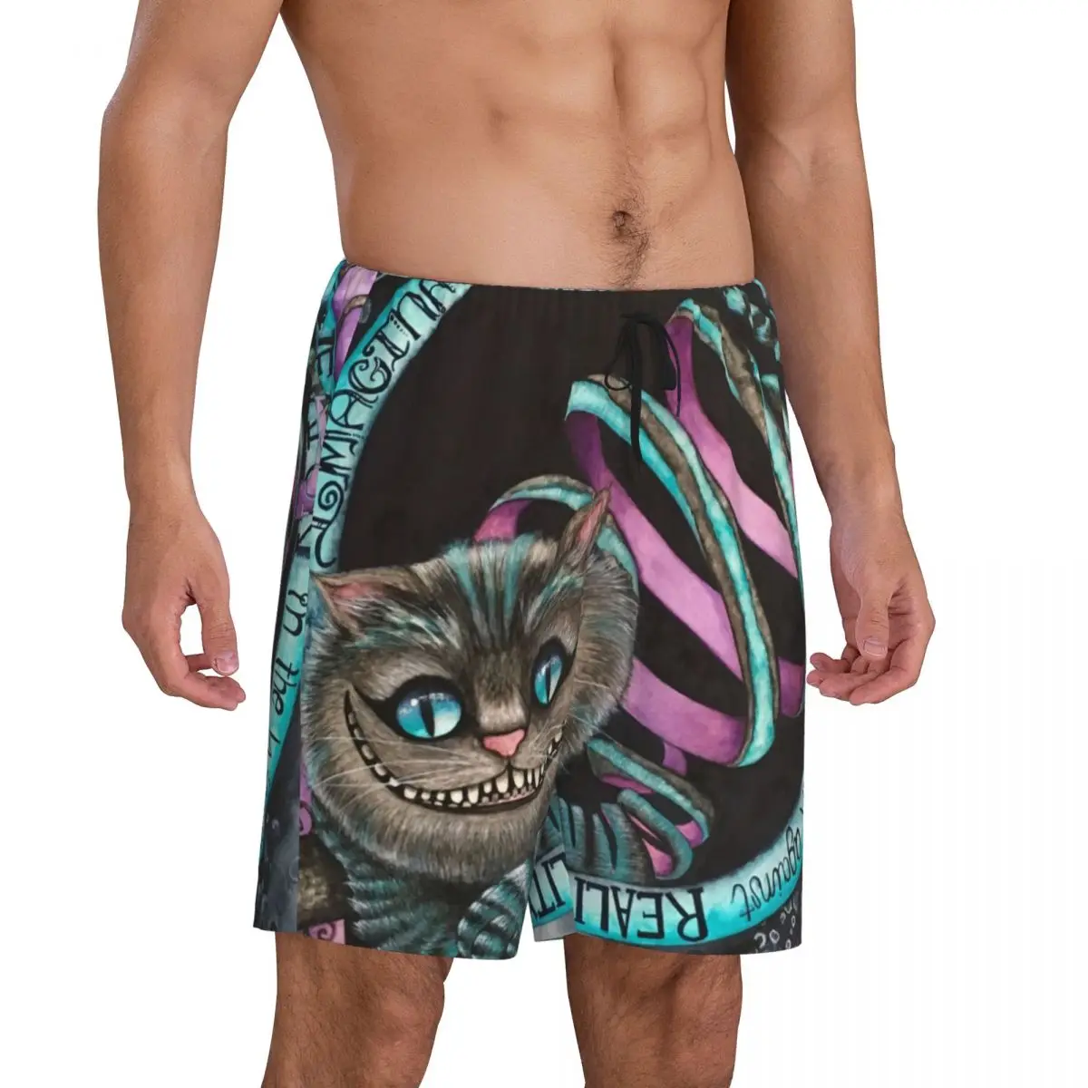 Custom Cheshire Cat Pajama Shorts Sleepwear Men Elastic Waistband Sleep Lounge Short Pjs with Pockets