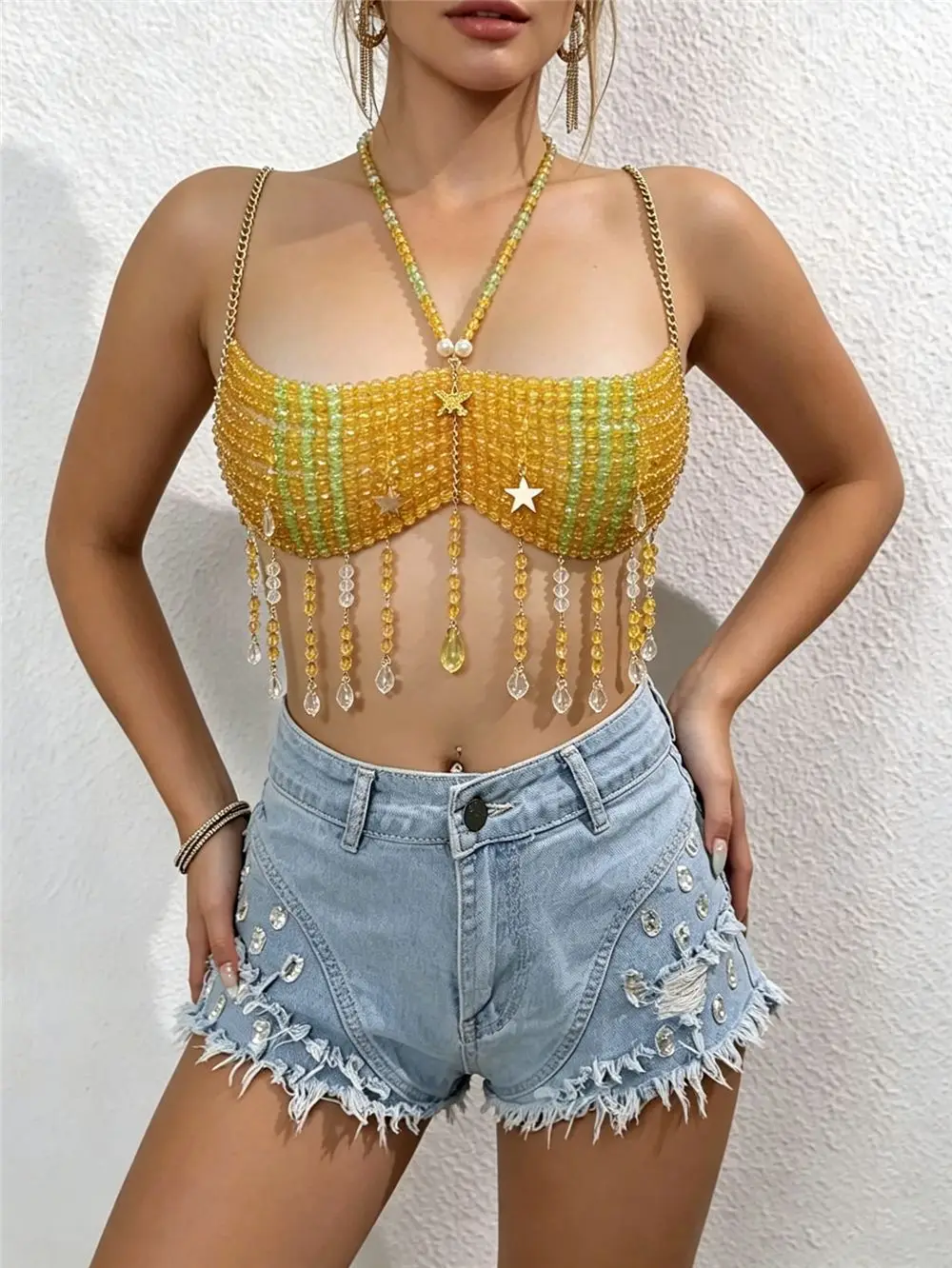 Ins European And American Wild Sexy Street Photography Nightclub Rhinestone Gemstone Splicing Tassel Women'S Top Vest