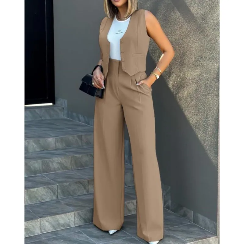 

Casual Suits Women's Commute Tracksuit Button Vest & Wide Leg Pants Suit Solid Tracksuit Elegant Ladies Loose Pants 2 Pieces Set