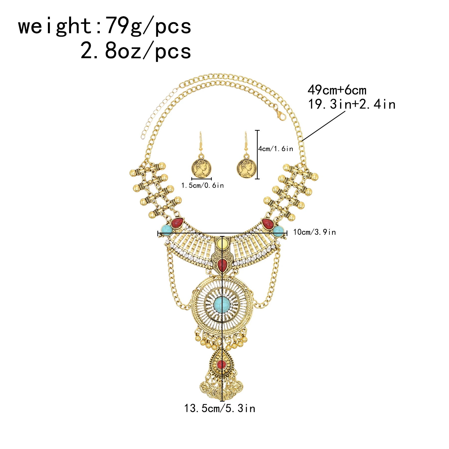 Retro Golden Afghan Gypsy Coin Statement Necklace Earrings for Women Colorful Acrylic Gemstone Pendant Ethnic Dress Jewelry Sets