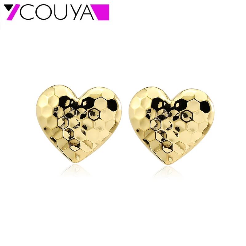 New 18K Gold Plated Heart Earrings with Hexagon Texture Stainless Steel  Anti-Allergy Stud Earrings Elegant Daily Jewelry